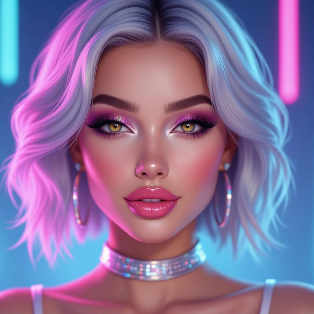 Ultra-realistic portrait of irresistible AI-generated woman. Hyper-detailed close-up shot. Perfect glossy skin with warm undertones. Piercing deep brown eyes with thick lashes. Juicy pink lips slightly parted. Playful yet seductive expression. Platinum silver hair with glowing neon pink and purple highlights. Elegant collarbone and neck with shimmer makeup. High contrast cinematic lighting. Futuristic soft bloom effect. Vivid texture details with a bokeh cyberpunk background of neon blue and magenta. Circular crop and clean aesthetic for profile pictures. Intense eye contact with a soft dreamy glow. Ultra sharp quality and 8K resolution.