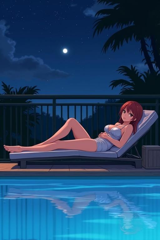A single figure lounges at a luxurious poolside chaise lounge at night. The scene is serene and calm with a reflective pool capturing moonlight. The character embodies a soft and stylish design characteristic of dynamic anime portraits.