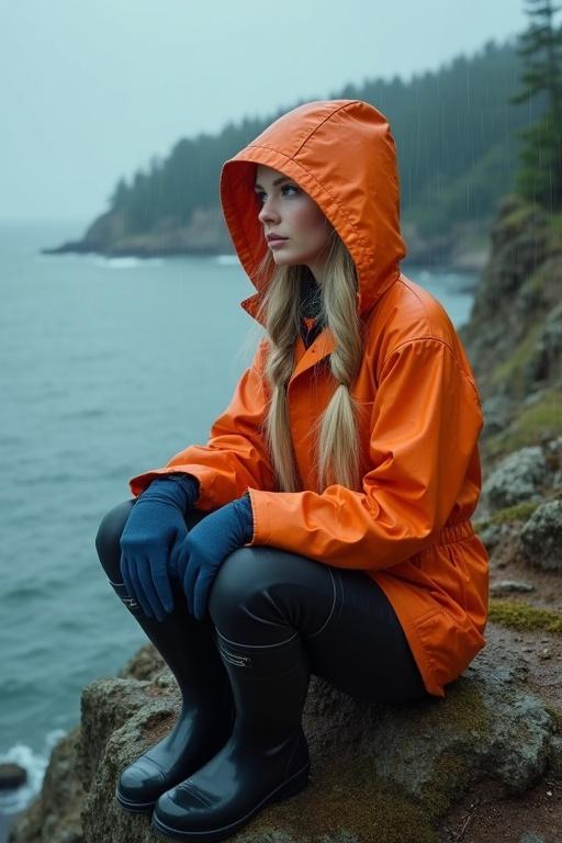 Young woman with long blonde hair in pigtails. Wearing bright orange mackintosh and black latex trousers. Sitting on a cliff looking at the cold sea. It's raining heavily.
