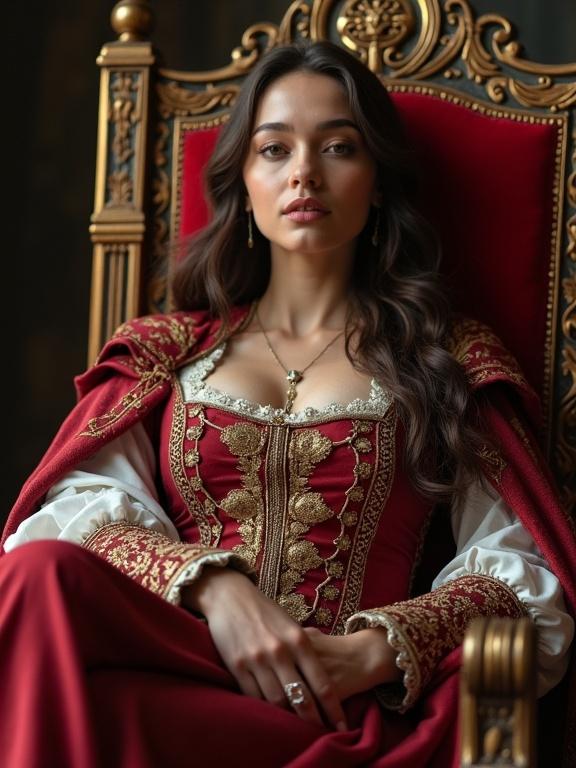 A young Latina noblewoman sits on a throne. She wears royal garments covering her body. Her long brown hair cascades down. Hazel eyes and thin red lips are visible. The expression is neutral, relaxed in a comfortable position.
