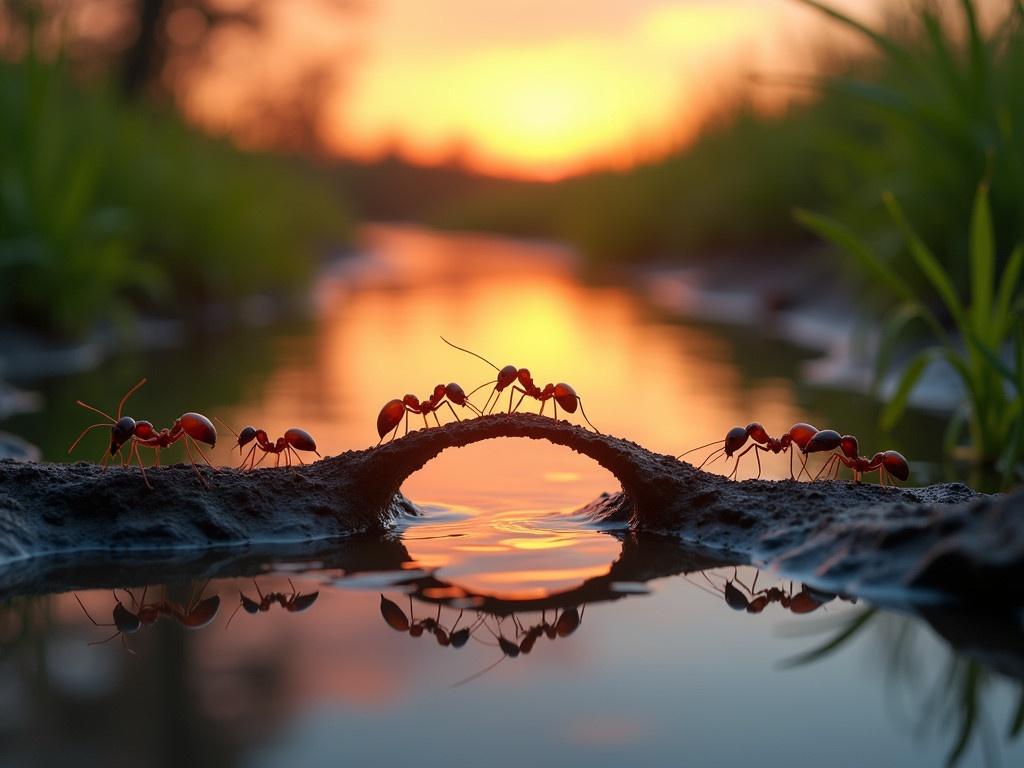 A team of ants is seen working together to build a bridge over a body of water. The scene is illuminated by the warm hues of sunrise or sunset, casting a beautiful glow on the ants. The close macro perspective captures the intricate details of the ants and their delicate movements as they collaborate. The background features a serene water surface reflecting the colorful sky. The lush greenery on both sides adds to the overall tranquility of the scene.