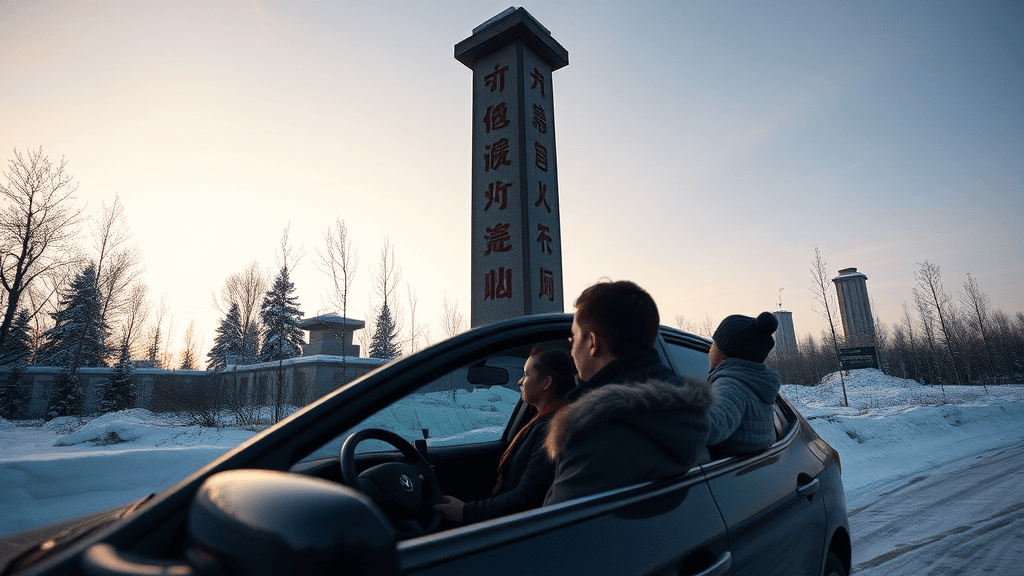 Three people in a car, parked near a snowy road, are observing a tall stone monument with red inscriptions.