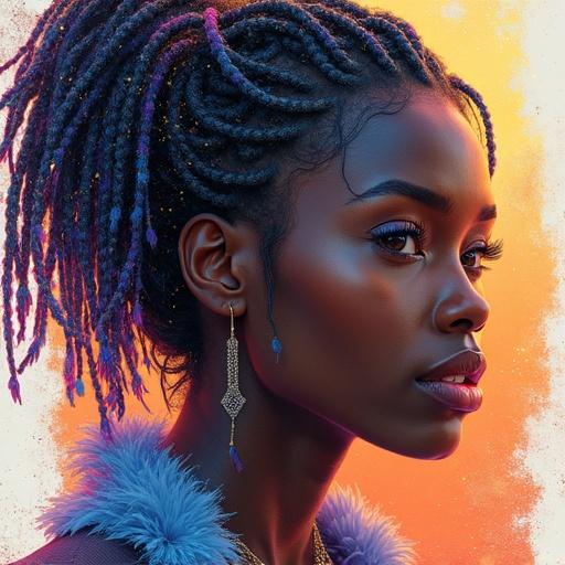 A digital portrait of a beautiful black woman with braided hair. Her skin glimmers with light. She has intelligent eyes and a joyful smile. The hair is short with colorful braids. The background has vibrant and celestial patterns. The style blends modern and ancient elements.