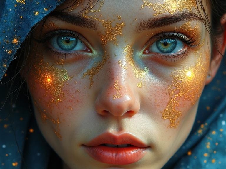 Close up portrait of a 35-year-old woman with glowing map on skin. Female has mystical gaze suggesting wisdom. Background composed of cosmic colors with deep blue and gold. Art style features impasto technique with thick brushstrokes and vibrant hues