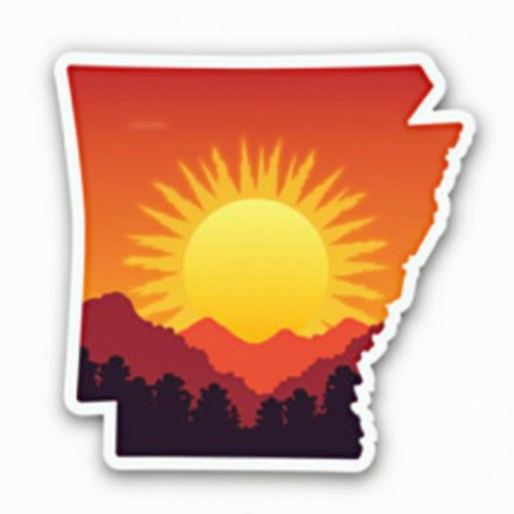 Fun sticker design in the shape of Arkansas. Features sunset with oranges and yellows. Includes mountains and trees silhouette.