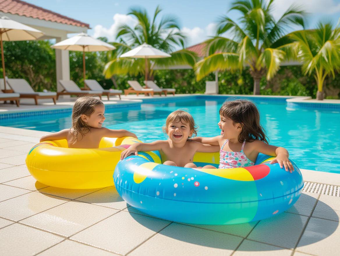 Children playing in inflatable pools next to a swimming pool. Bright sunny day. Relaxing atmosphere. Tropical setting. Playful mood.
