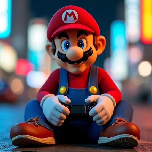 Mario character appears in hyper-realistic 4K resolution. Urban reggaeton style outfit with shiny chains large oversized jacket with neon details and modern sneakers. Sitting pose full body view looking confidently at the camera. Clearly holding a PS5 joystick showing distinctive buttons. Wears iconic red cap with 'M'. Background features diffused city night lights and sparkling particles for a mystical atmosphere. Top text reads 'ESTAMOS ACTIVOS' in epic energetic font.