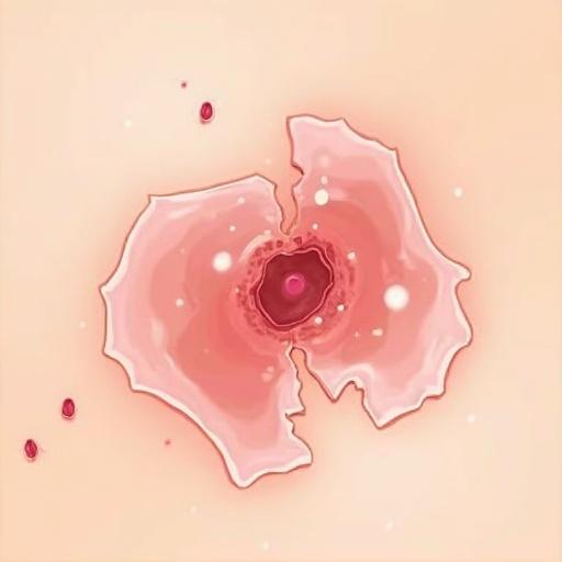 Close-up view of a wound with separated edges. Skin appears gently parted revealing the center. Illustration emphasizes the wound's texture and color.