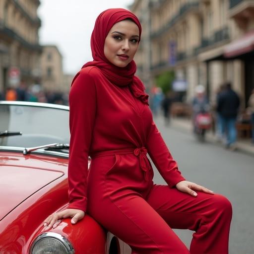 Woman in red outfit sits on a red vintage sports car in an urban setting. She wears a headscarf and poses confidently.