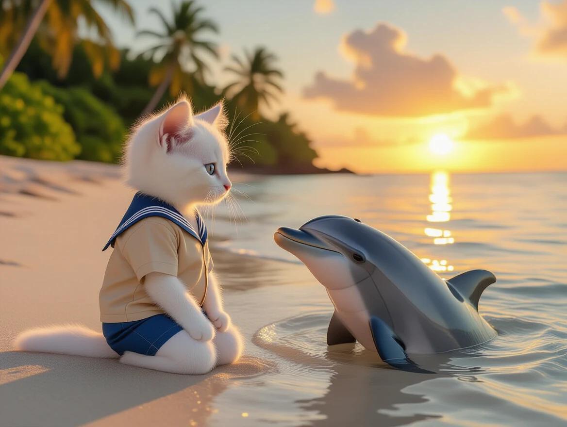 White kitten in sailor shirt and blue shorts kneels on sandy beach at sunset. Gazes at dolphin in shallow water. Calm emotional moment. Tropical background with palm trees and orange sky. Scene conveys friendship and serene seaside atmosphere.