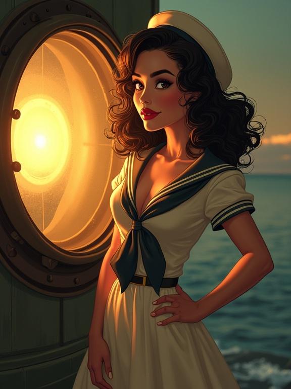 Woman in 1940s sailor outfit poses inside lighthouse beside glowing lantern. One hand on hip. Light beams cast highlights on her cheekbones and curls. Rolf Armstrong illustration style with vivid colors.