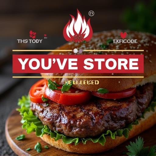 Web design concept for a meat store. Focus on an appetizing hamburger with toppings. Stylish presentation for an online store.