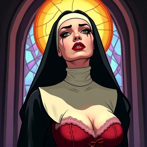Stylised digital painting depicting a sorrowful nun in dramatic semi-pinup style. Features exaggerated expressive half-lidded eyes, long lashes, and black tear streaks. Full crimson lips slightly pout. She wears a glowing halo and black veil. Traditional habit top with revealing heart-themed corset. Background has a gothic church window resembling stained glass. Warm lighting and strong amber glow.