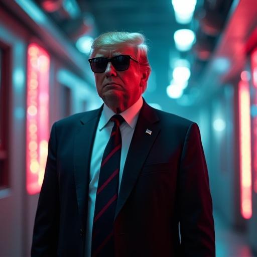Futuristic portrayal of a figure in a black suit. Neon-lit cityscape in the background. Stylish sunglasses. Dark corridor with dramatic lighting. Themes of control and power. Strong visual impact. Blend of political imagery and sci-fi elements.