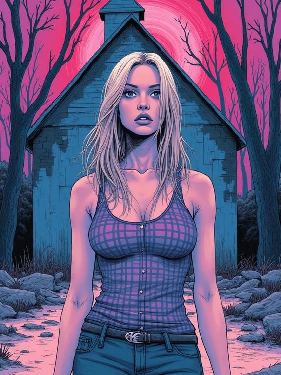 A young woman with long blonde hair stands in front of a dilapidated church. The background features twisting trees in a disturbing scene. The colors are violet, lavender, and pink. The image evokes a sense of unease and surrealism. It reflects horror themes influenced by Junji Ito and Hirohiko Araki.