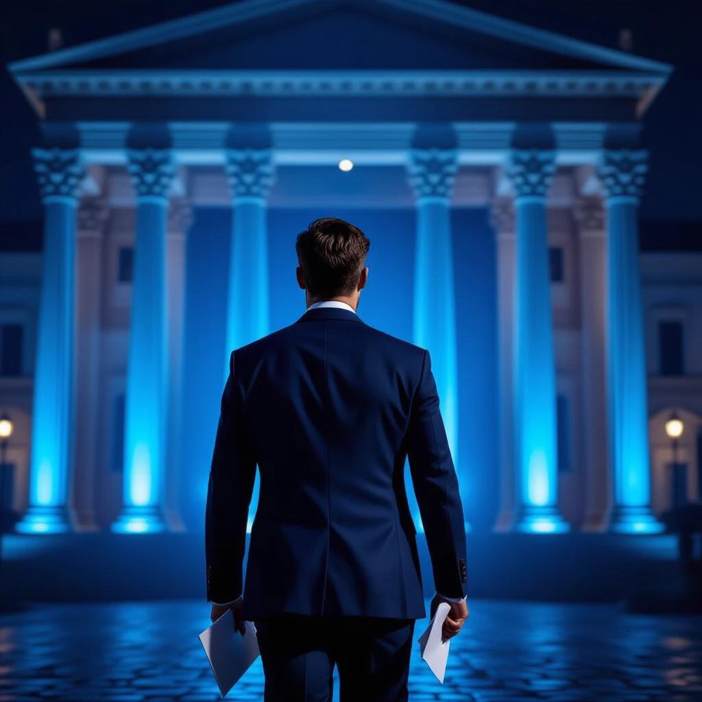 Shot from behind of a man wearing navy blue outfit walking towards a building with ancient blue Roman columns. Man is holding white papers in his hand. Dark scene with blue lighting illuminating the Roman building. Low angle perspective enhancing the grandeur of the scene.