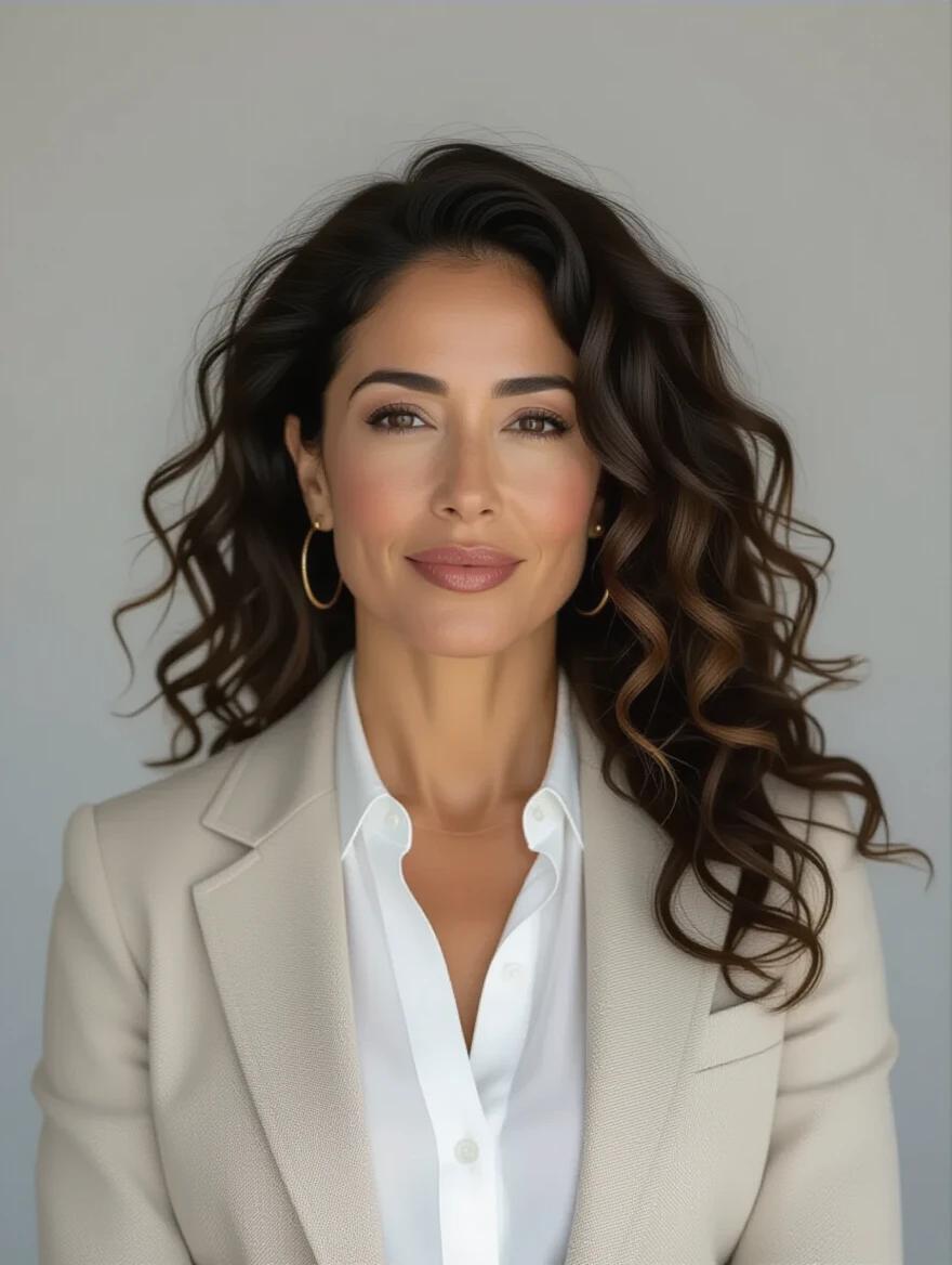 A 40-year-old Mexican woman with light skin and dark curly hair. She wears a white blouse and a neutral fitted blazer. Her expression is calm and approachable. She sits at a recording table in a podcast studio. A microphone is nearby with warm studio lighting. The image captures her from the waist up in a relaxed and upright posture.