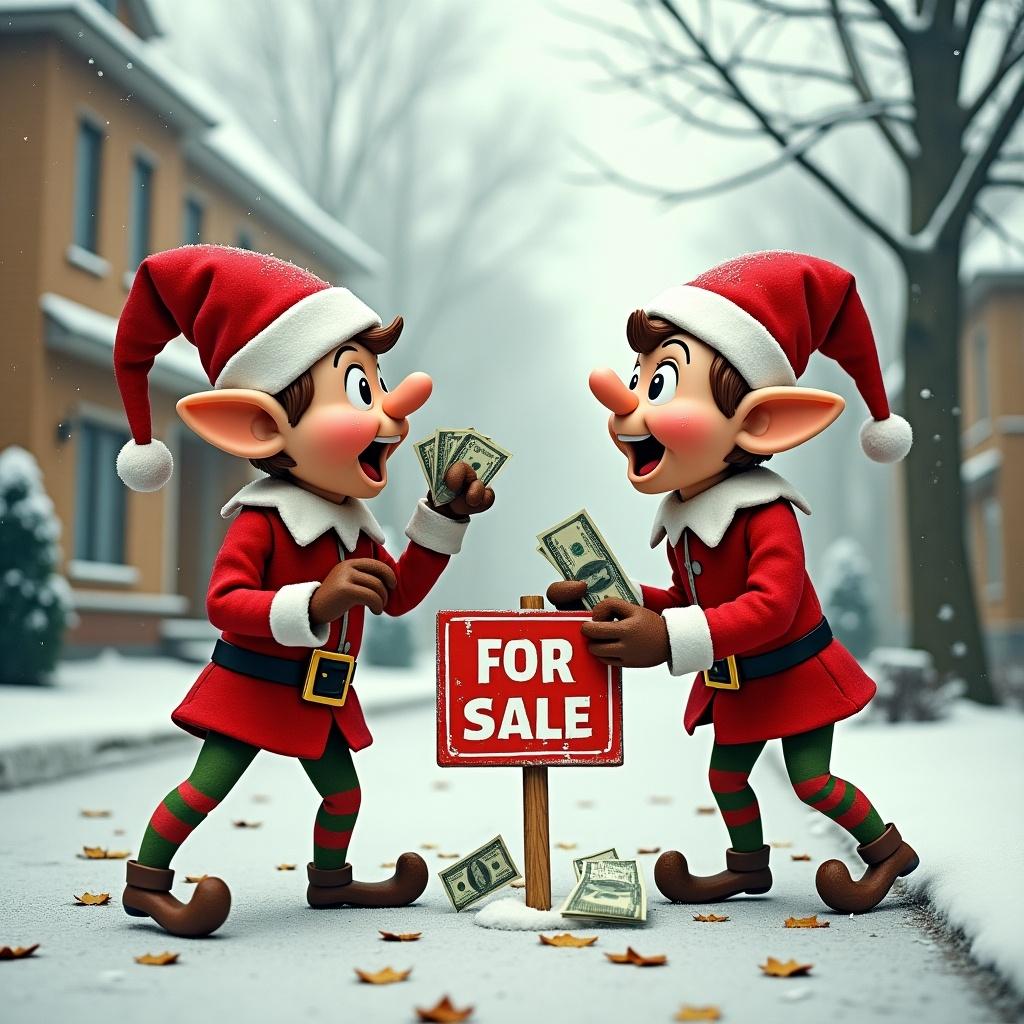 Two animated elves dressed as realtors hold Monopoly money. They are yelling at each other. A for sale sign is placed in front of a house. Setting is snowy with a winter vibe.