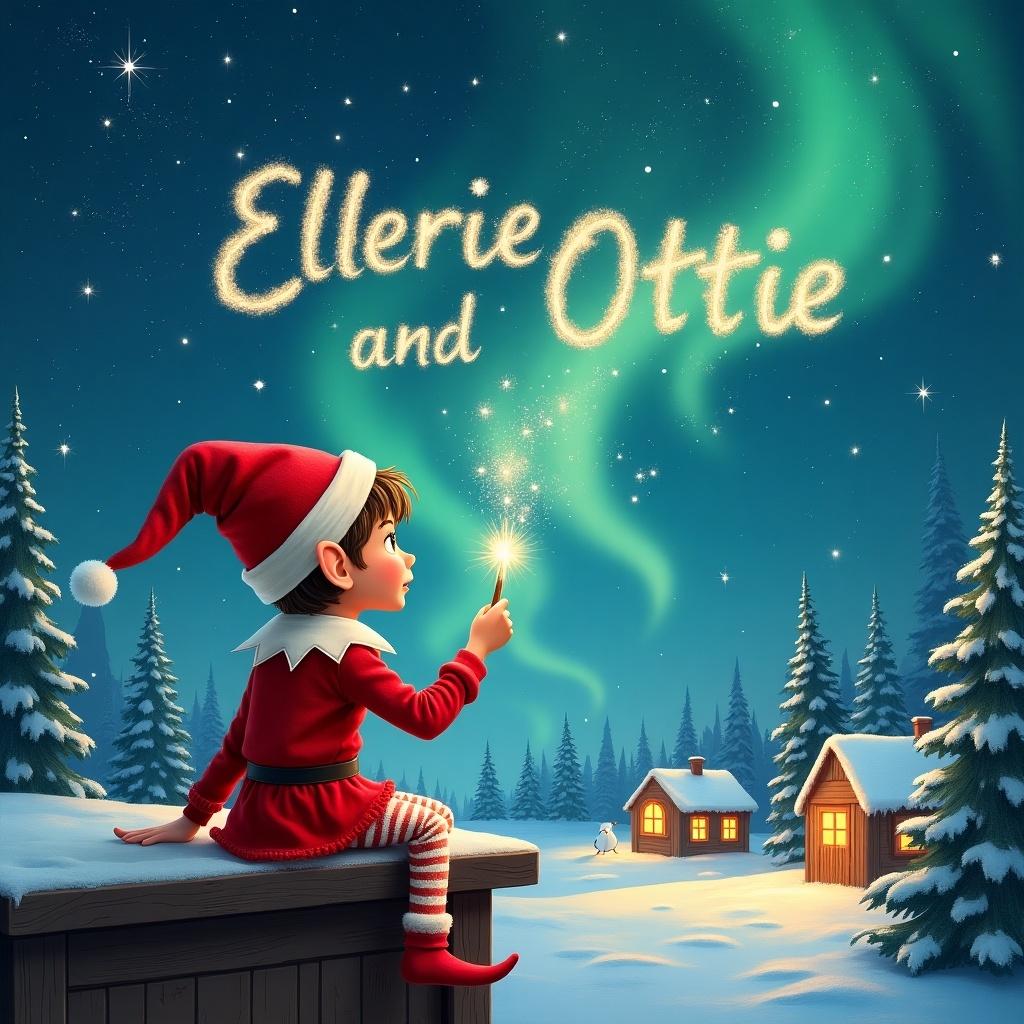 Elf sits on wooden ledge. Elf gazes at magical sky. Dressed in red outfit with pointed hat. Elf holds sparkling wand. Elf writes 'Ellerie and Ottie' in sky. Scene has snowy landscape, charming houses, evergreen trees, and Northern Lights. Depicts childhood magic and Christmas cheer. Elf adds names 'Natasha' and 'Ada' in starry sky.