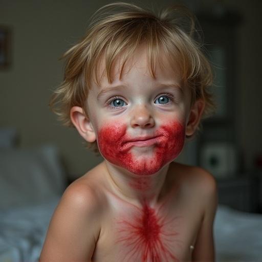 A child with playful red markings on their face and body. The child is smiling and appears to be in a home setting. Soft natural light fills the area, enhancing the child’s joyful expression.