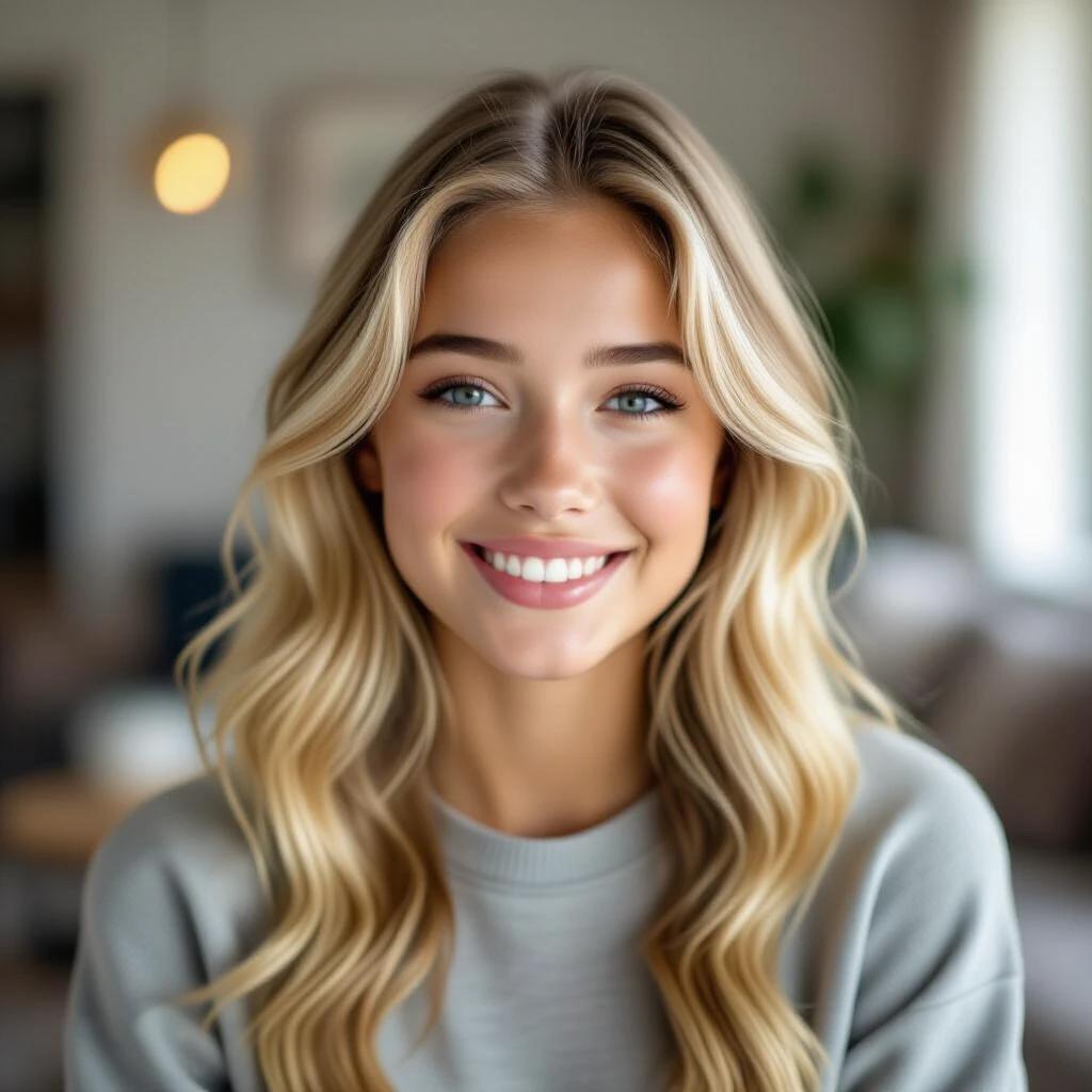 Portrait of a teenage girl with blonde hair wearing a gray sweater.