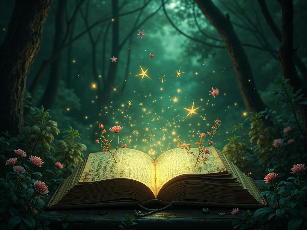 Hyper-realistic horizontal image depicting a fantasy botanical scene. An ancient worn black leather book with glowing golden engravings is opened widely at the bottom center. Cascades of wildflowers and luminous green buds emerge in a magical explosion. Detailed flowers include sunflowers, roses, lavenders, and peonies. Roots and stems intertwine with bronze lanterns. The enchanted forest background features bioluminescent lichen-covered trees and low fog. Clear central space with soft neutral light. Hints of butterflies or hummingbirds could be added.