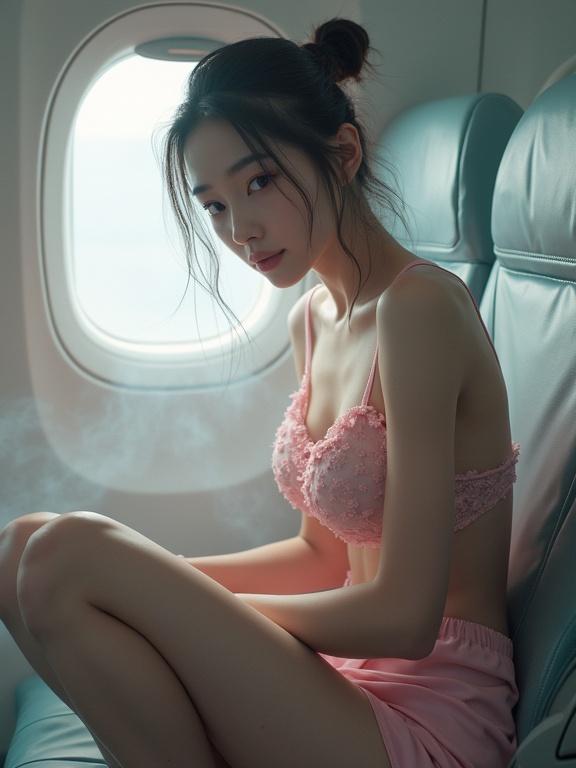 A young adult woman sits by an airplane window. She has detailed facial features and is wearing a wired pink bra with delicate flower patterns. The scene features soft lighting and mist. The focus is on her perfect body proportions. The background includes airplane details and a dreamy atmosphere.