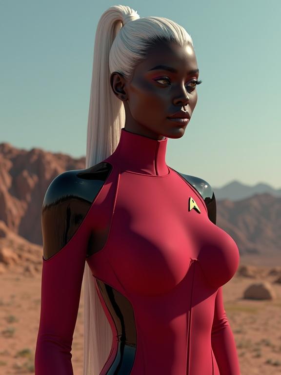 Female figure inspired by fertility sculptures. Exaggerated proportions with voluptuous curves. African woman with very black skin. Wears a red bodysuit with black details and Star Trek logo. Long white hair and blue eyes. Set in a hyper futuristic outdoor scene on a new planet.