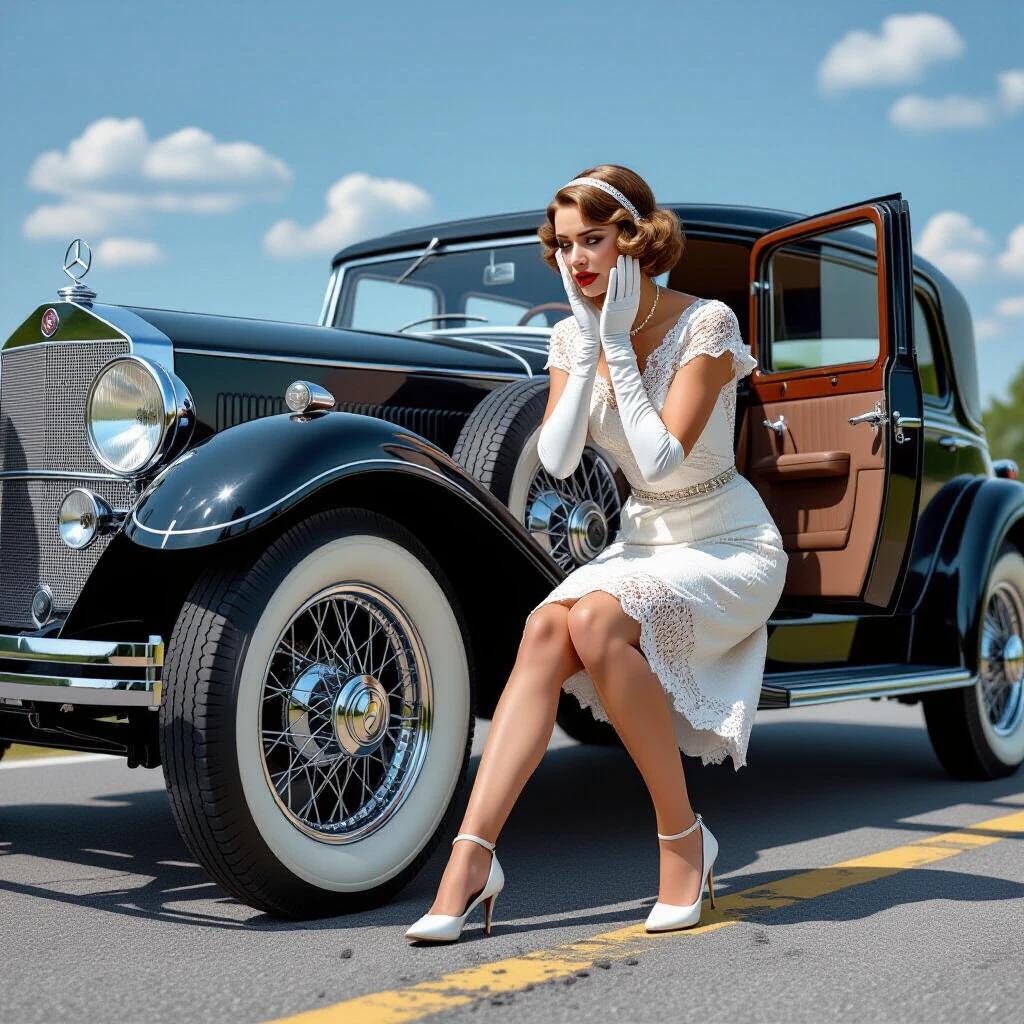 Photorealistic scene of a 1928 roadside with an Art Deco socialite. She wears a short white lace dress and elbow-length gloves. Hands pressed to cheeks in dismay. One leg positioned defiantly while kicking a deflated tire of a massive Mercedes-Benz car. The driver's door is wide open. Background features misty mountains creating a bokeh effect. Captured during golden hour for a soft glow.