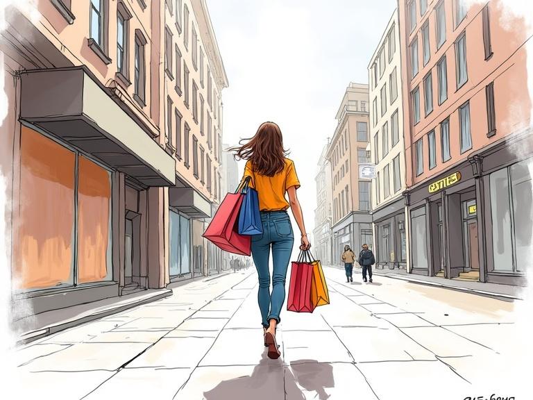 Woman walks down a city street carrying shopping bags. Windy atmosphere. Commercial scamp sketch style utilizing ink and highlighter on layout pad.