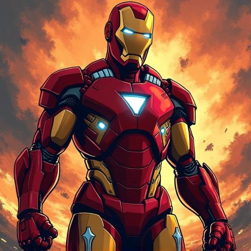 A comic-style illustration featuring a character resembling Iron Man. The character appears in a striking pose against a dramatic sky filled with clouds. The artwork conveys a message against capitalism.
