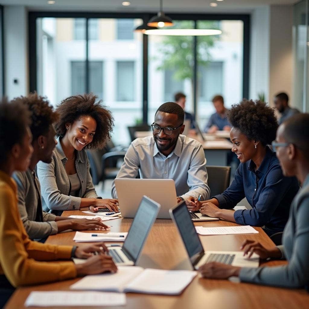 Group of six African American people engaged in a meeting. Modern office setting visible. Laptops and documents present on the table.