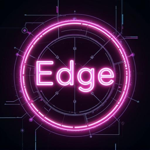 Round cyberpunk emblem features the word Edge in neon style. Bright colors dominate the design with a high-tech visual approach.