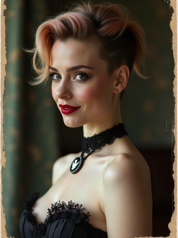 Photograph of a multicolored haired woman in a mohawk style. She has deep red lipstick and a black choker with a bird cameo. She wears a lace trimmed corset. The photo captures her from the side at a low angle, looking over her shoulder with a subtle smile. Soft lighting creates a smooth effect with blurred background. The photograph has a stylish torn border and displays high aesthetic quality.