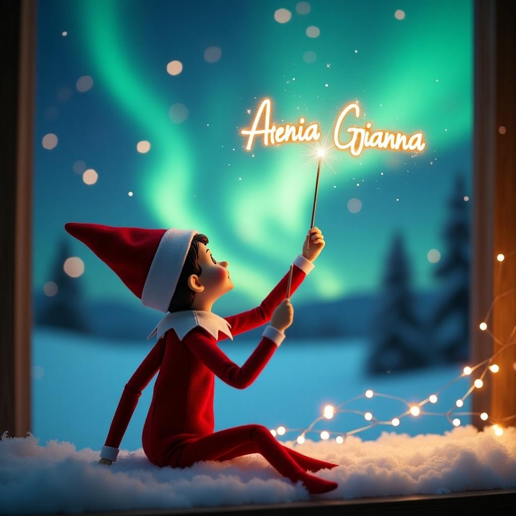 Charming scene of an elf in a red outfit with back to viewer. Elf gazes at the sky with northern lights. Holds a magic wand writing names in sparkling letters. Snowy ground creates a magical holiday atmosphere.