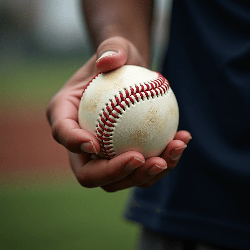 A hand gripping a worn baseball in preparation for a pitch.