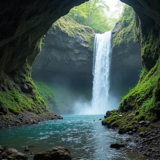 Cave features a waterfall flowing into a serene pool surrounded by lush forest. Natural sunlight streams into the cave, highlighting the vibrant greens and blues. The setting conveys a sense of tranquility and natural beauty.