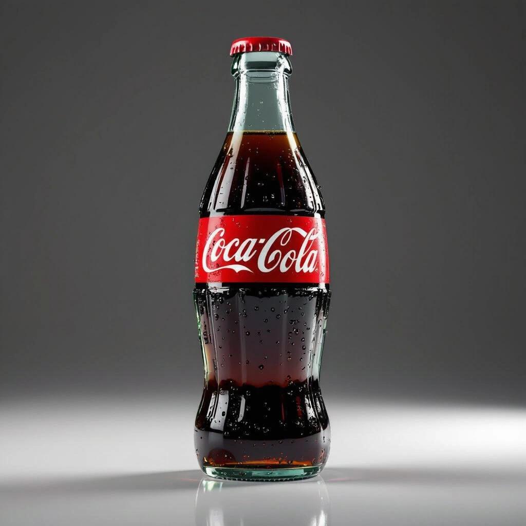 Photorealistic glass Coca-Cola bottle filled with cola. Red label with white text. Visible bubbles and condensation. Clean reflections and shadows. Isolated on white background.