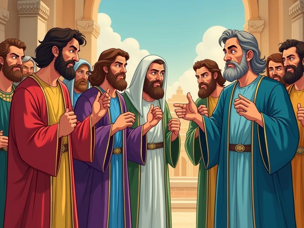 In ancient Babylon, during biblical times, a cartoon illustration captures the scene. A group of middle-aged men, each wearing royal robes of vivid colors, displays exaggerated sneaky and cunning expressions. They are seen whispering and pointing towards the old man Daniel, who stands calmly in his simple light blue robe. Daniel exudes a peaceful and confident demeanor amidst the chaos around him. The background showcases a colorful and grand palace, enhancing the atmosphere of intrigue and tension.