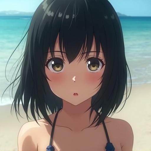Japanese girl with dark straight bob hair at a sunny beach. Her face is well-lit, highlighting her angry expression. The setting is relaxed but her mood contrasts with the beach vibe.