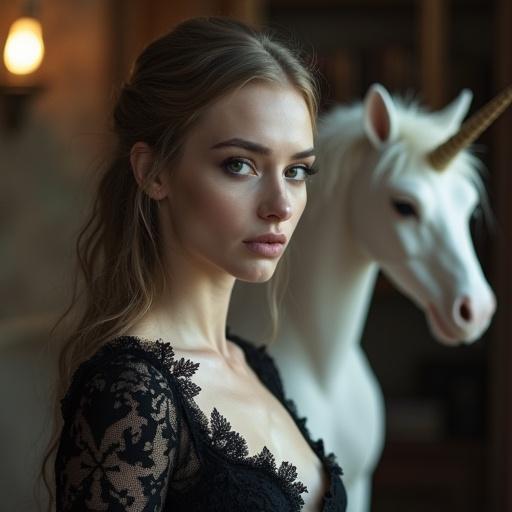 Fantasy scene with a proud sorceress in her thirties wearing a black lace dress. She has a pale face with prominent cheekbones and violet eyes. A stuffed white unicorn is visible in the background within the Magic Academy room.