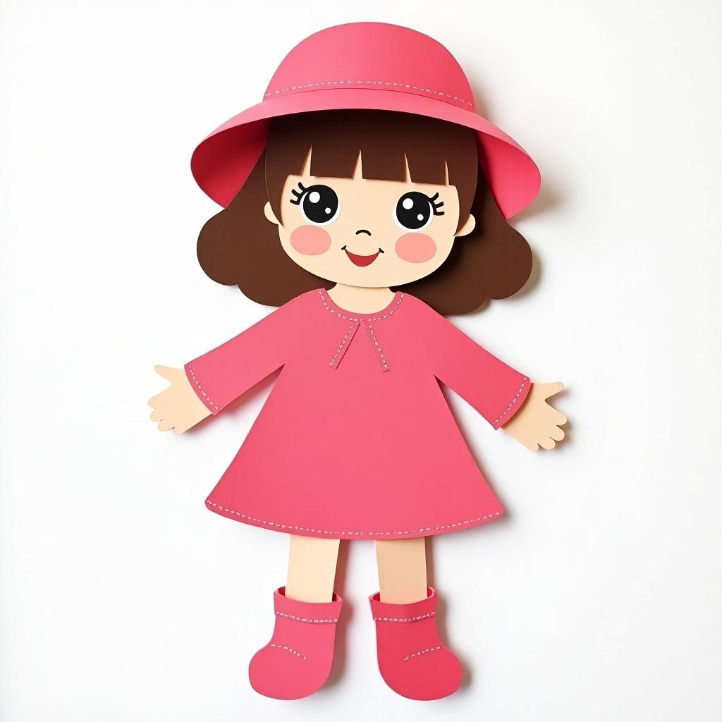 A paper cut plush doll features a cheerful expression. Doll includes large round eyes and a sweet smile. Doll wears a hot pink long sleeve dress, matched with a hot pink mini sunhat and hot pink booties.