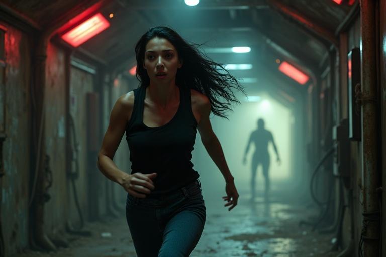 Inside a dimly lit corridor of a damaged spacecraft a tall white-skinned woman is running in fear She wears a black sleeveless shirt and tight blue jeans Her long black hair flows behind her She expresses terror as she sprints The corridor is dark with red emergency lights and steam filling the air A silhouette of an alien plant glows toward the back