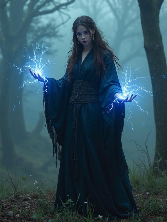 A robed witch stands facing the viewer on a hill. Electricity flows between hands. The scene unfolds in an enchanted forest. The witch has blue eyes and long brown hair. Dark earrings adorn her ears as dark robes flow around her. Magical energy crackles around her hands. Spectacular backdrop holds a hint of a battlefield.