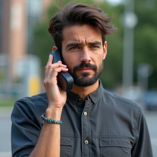 Man in casual sporty clothing talking on the phone outdoors. He appears engaged and distracted. Wearing headphones.