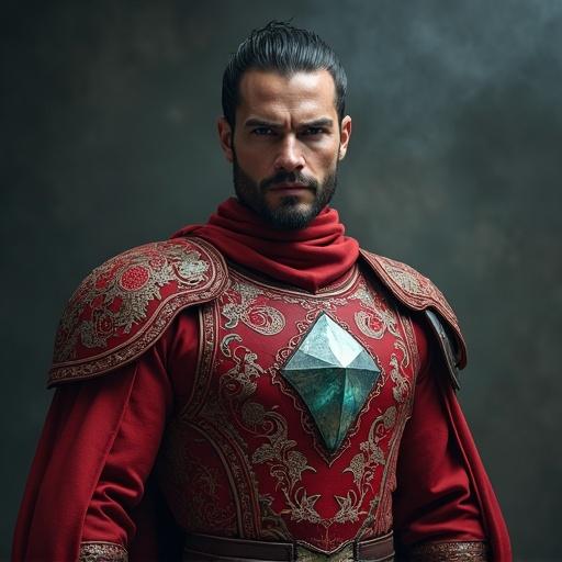Artistic photograph of a good-looking warrior knight wearing cosmic armor. The armor features a crystal gem. The knight has a muscular body and white skin. The fabric has red batik nusantara texture. The scene has charm and twilight effects. The style is cinematic with a sci-fi horror tone.