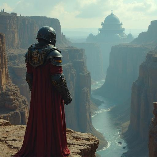 A Tech-Priest Dominus in armor stands atop a cliff overlooking deep canyons. Whirring servo-skulls surround him. A distant futuristic structure looms. The grand landscape evokes epic fantasy.