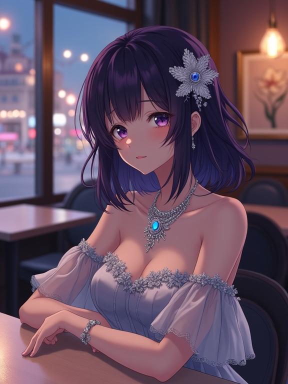Anime woman with shoulder-length dark violet hair and enticing dark violet eyes sits at a table in a dimly lit restaurant. Fair skin with hair framing delicate features. Silver floral kanzashi in hair. Wearing elaborate light silver off-the-shoulder gown with sheer sleeves. Neck adorned with multi-layered necklace with blue gem. Graceful arms on the table, showcasing a contemplative mood. Softly blurred background of restaurant with warm lighting. Outside large window showing a city street scene at dusk, enhancing romantic atmosphere.