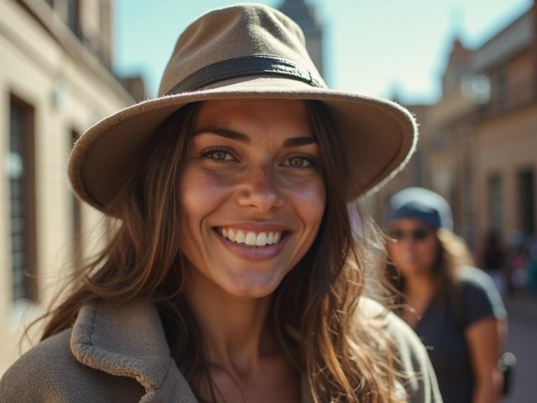 A realistic selfie taken in Johannesburg. The woman appears happy and is wearing a stylish hat. The background shows a vibrant street scene.