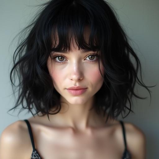 Young woman with bob hairstyle. She has black hair, pale skin with freckles, wearing white stockings and black underwear. Her eyes are blue.